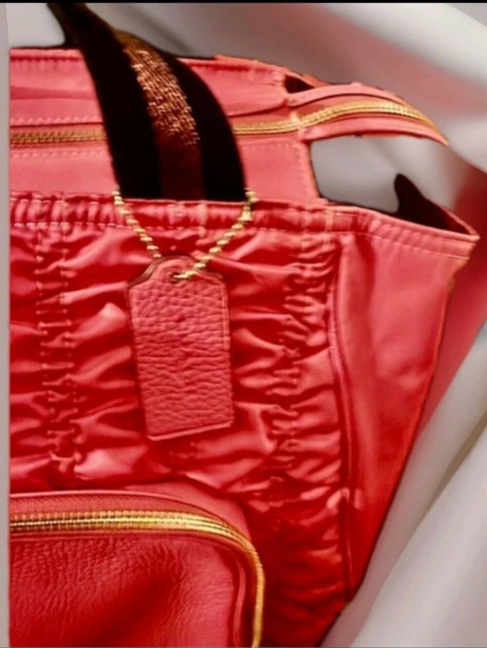 Coach Pink Ruched Nylon/Leather Court Tote with Front Zip Pocket-EUC - Picture 6 of 13